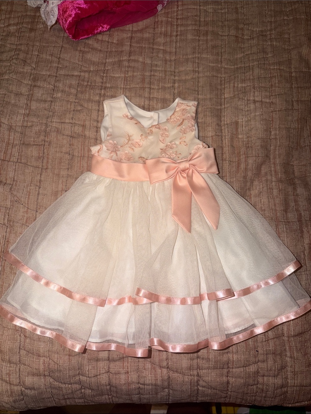 Rare Editions Ivory Dress with Blush Pink Satin Bow